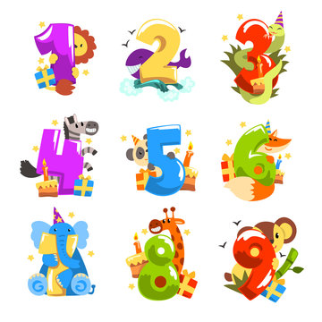 Happy birthday, anniversary numbers with cute animal characters set, funny lion, zebra, whale, snake, fox, giraffe, elephant, panda, koala vector Illustrations on a white background