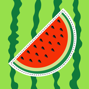 Watermelon slice sticker icon. Dash line. Cut half seeds. Sweet water melon. Red fruit berry flesh. Natural healthy food. Tropical fruits. Green striped peel background. Flat design