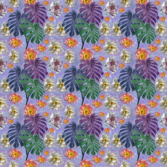 Abstract seamless decorative pattern of tropical flowers and leaves