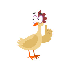 Funny hen with raised index finger, comic cartoon chicken bird character with big eyes vector Illustration on a white background