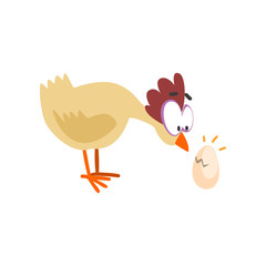 Surprised funny hen looking at cracked egg, comic cartoon chicken bird character with big eyes vector Illustration on a white background