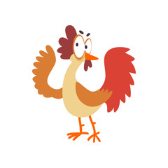 Funny hen, comic cartoon chicken bird character with big eyes vector Illustration on a white background