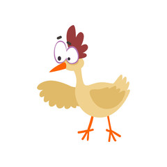 Funny hen pointing to something, comic cartoon chicken bird character with big eyes vector Illustration on a white background