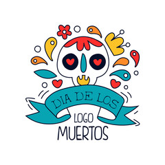 Dia De Los Muertos logo, traditional Mexican Day of the Dead design element with sugar festive skull