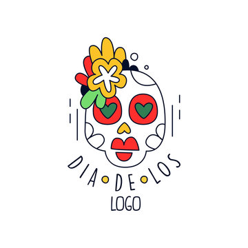 Dia De Los logo, Mexican Day of the Dead holiday design element with sugar skull, party banner, poster, greeting card or invitation hand drawn vector Illustration