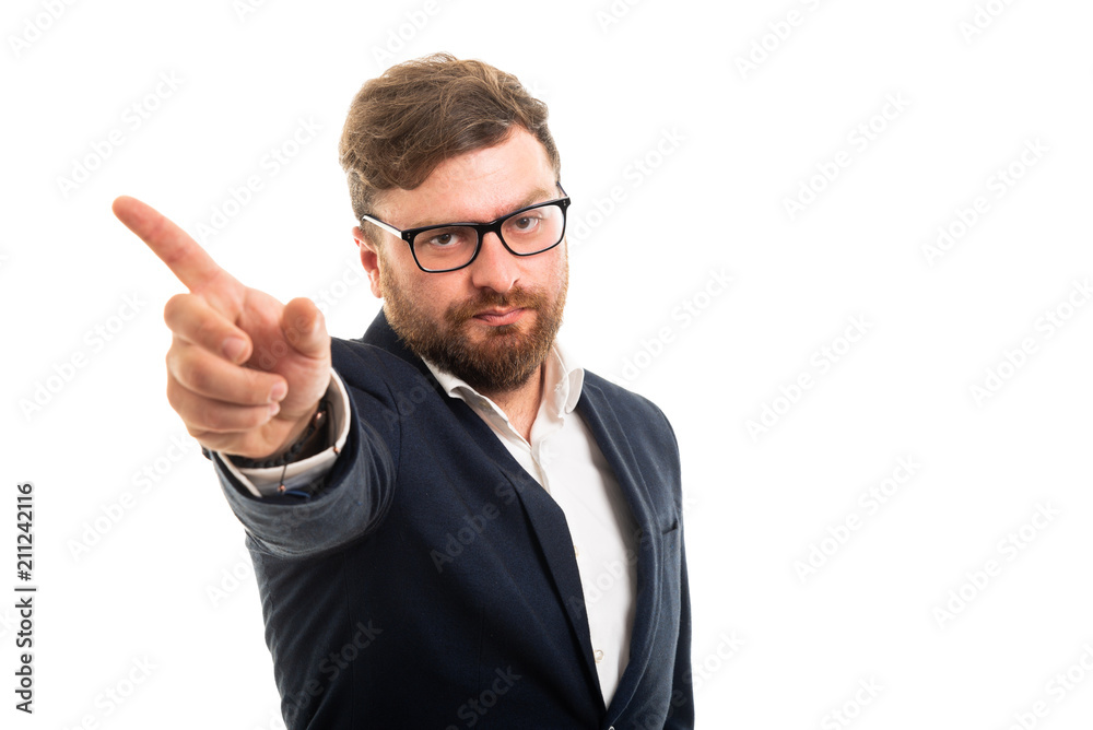 Wall mural portrait of business man showing get out gesture.