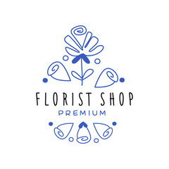 Florist shop premium logo, floral badge for flower boutique hand drawn vector Illustration in blue color on a white background