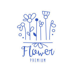 Flower premium, florists, flower shop logo hand drawn vector Illustration in blue color on a white background