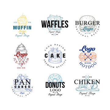 Food logo design set, muffin, waffles, burger, cake, hotdog, pancakes, donut, chiken, ice crem emblems for cafe, restaurant, cooking business, food shop, brand identity vector Illustrations