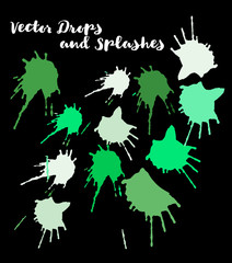 Green Vector Splashes, Hand Painted Watercolor Bang. Indian Holi Color Festival, Paint Burst, Water Splash. Green Vector Craft Logo Element, Holi Paint Burst. Uneven Texture Graffiti Shapes, Buttons.