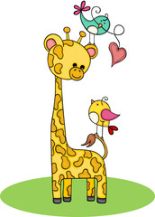 Cute giraffe with couple of birds
