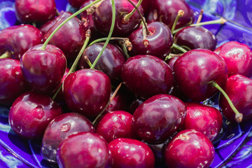 blue plate of ripe sweet cherry on  wooden table