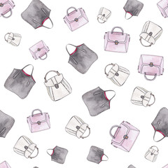 Seamless Pattern Watercolor handbag fathion illustrations set. Background for for fabrics, textiles, paper, wallpaper, web pages, instagram or facebook caver or other designs.