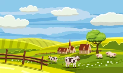 Poster Im Rahmen Cute rural landscape with farm, cow, flowers, hills, village, cartoon style, vector, isolated © hadeev