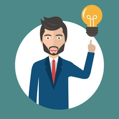 Businessman with an idea concept. Man standing next to light bulb as symbol of great business idea. Flat vector illustration