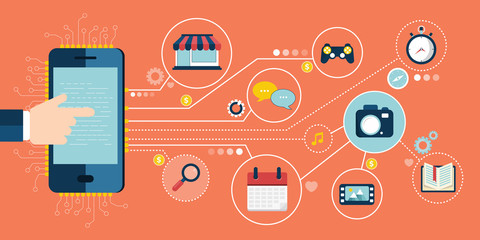 Mobile applications and mobile development concept. Flat vector illustration.