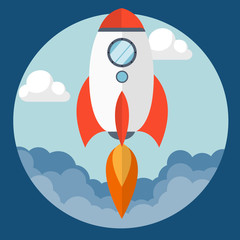 Start up business concept for mobile app development or other disruptive digital business ideas. Cartoon rocket launching from smart phone tablet. Flat vector illustration