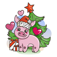 Happy New 2019 Year card with cartoon baby pig. Small symbol of holiday.