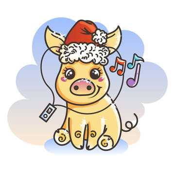 Happy New 2019 Year card with cartoon golden baby pig. Small symbol of holiday.