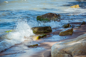 Seascape with rocky beach and crashing waves. Baltic sea. The Gulf of Finland, Estonia.