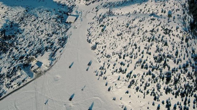 Drone flight in snowy mountains of Greece. Locations - Ziria Ski Center. Multiple moves and shots. Great view.