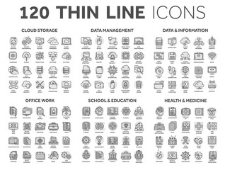 Cloud storage. Data management. Computing. Information. Internet connection. Office work. School and education. Medicine. Thin line black icons with circle set. Stroke.