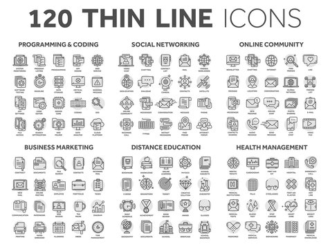 Programming,coding. Data management. Social network, computing. Information. Internet connection. Business marketing. School and education. Medicine. Thin line black icons with circle set. Stroke.