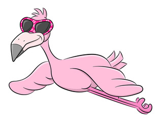 Naklejka premium fliegender Cartoon Flamingo mit Sonnenbrille 