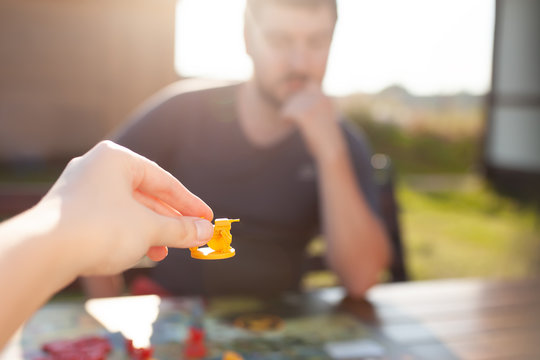 Moscow june 18 2018. Two players playing wargame: robots and heroes miniatures at the board game field