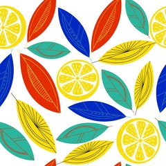 Lenons with colored leaves pattern seamless jpeg