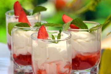 Dessert with strawberries and fresh mint.