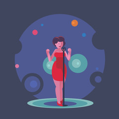 Beautiful lady singer in red dress and singing on the stage. Vector illustration