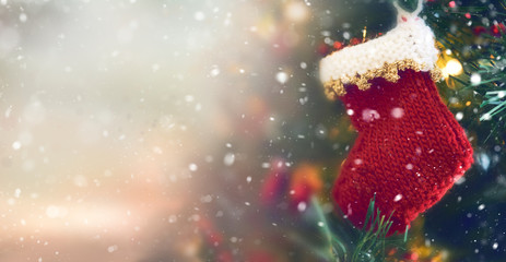 Traditional festive Christmas tree decorations background.