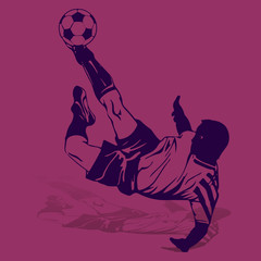 Soccer player in a jump beats the ball with his foot, blue silhouette on a purple background,