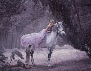 A fairy in a purple, transparent dress with a long flying train lies on a unicorn. Sleeping Beauty....