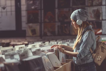 Printed kitchen splashbacks Music store Young girl with headphones indoors