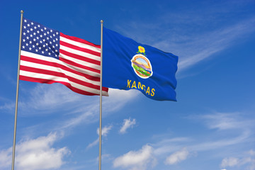 USA and Kansas flags over blue sky background. 3D illustration