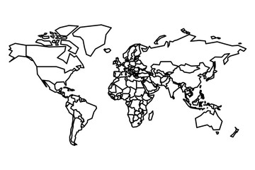Political map of World. Blank map for school quiz. Simplified black thick outline on white background.