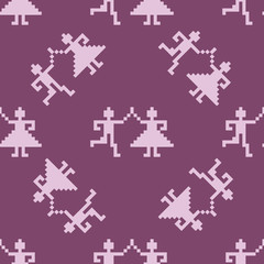 Seamless folklore pixel pattern with dancing people