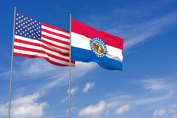 USA and Missouri flags over blue sky background. 3D illustration