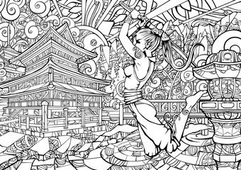 Coloring page for adults, girl samurai in the jump.