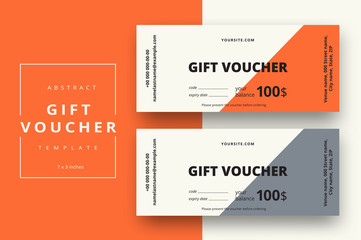 Abstract gift voucher card template. Modern discount coupon or certificate layout with geometric shape pattern. Vector fashion bright background design with information sample text.