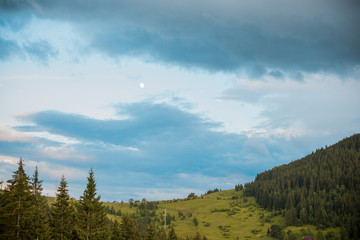 Nice mountains view at sunny day with under blue sky with sunlight at warm time. Carpathian mountains summer sunset landscape with sun and alpine pines 