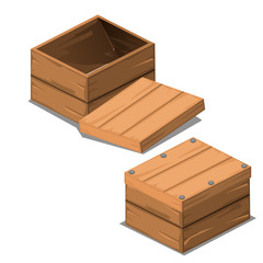 A set of wooden boxes with lids isolated on white background. Vector cartoon close-up illustration.