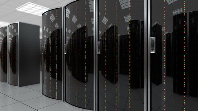 3d animation of a slowly movement through the server room in world wide cloud dataceneter, concept of data store in the room of globe hosting provider. All data is stored in datacenter, seamless loop