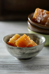 Golden honeycomb in bowl