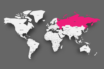 Russia pink highlighted in map of World. Light grey simplified map with dropped shadow on dark grey background. Vector illustration.