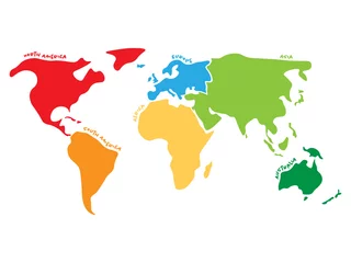 Wandcirkels aluminium Multicolored world map divided to six continents in different colors - North America, South America, Africa, Europe, Asia and Australia. Simplified silhouette vector map with continent name labels © pyty