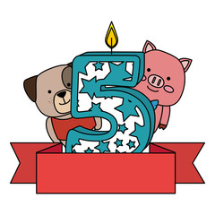 cute number five candle with dog and pig
