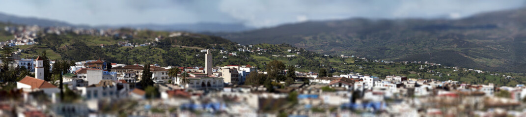 Panoramic view with tilt shift effect of Chefchaouen, Morocco
